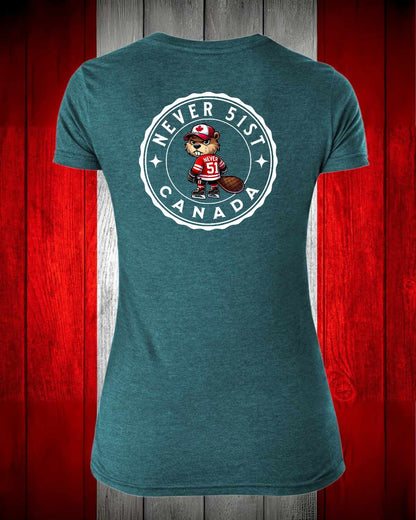 Never 51st Beaver Left Chest and Full Back Women's V-neck Stanfield's Tee