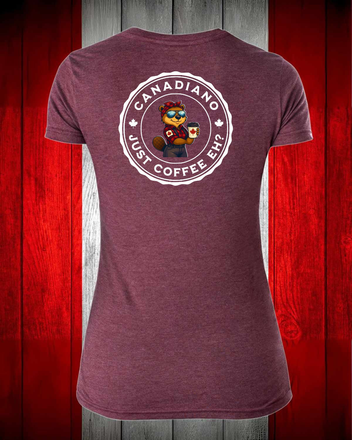 Canadiano Just Coffee Eh! Female Beaver Left Chest And Full Back Women's V-neck Stanfield's Tee