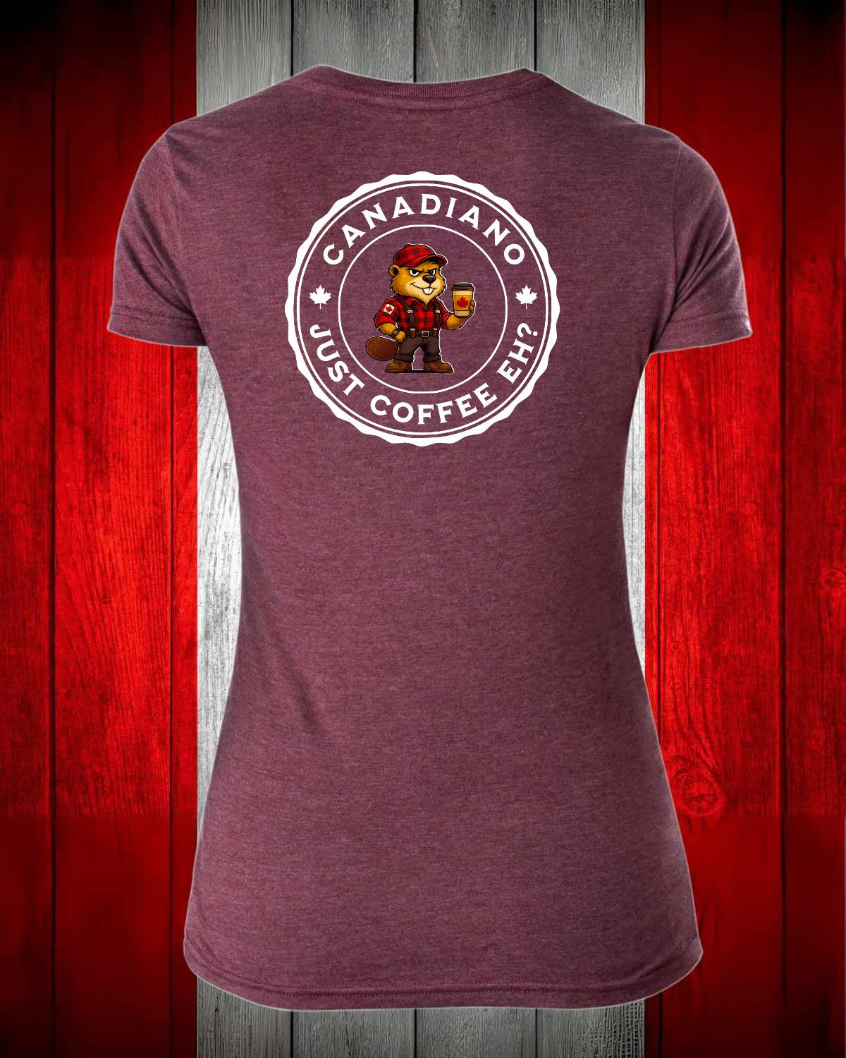 Canadiano Just Coffee Eh! Male Beaver Left Chest And Full Back Women's V-neck Stanfield's Tee