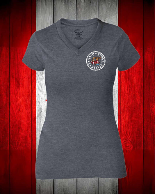 Calm Cool Canadian Beaver and Moose Left Chest  Women's V-neck Stanfield's Tee