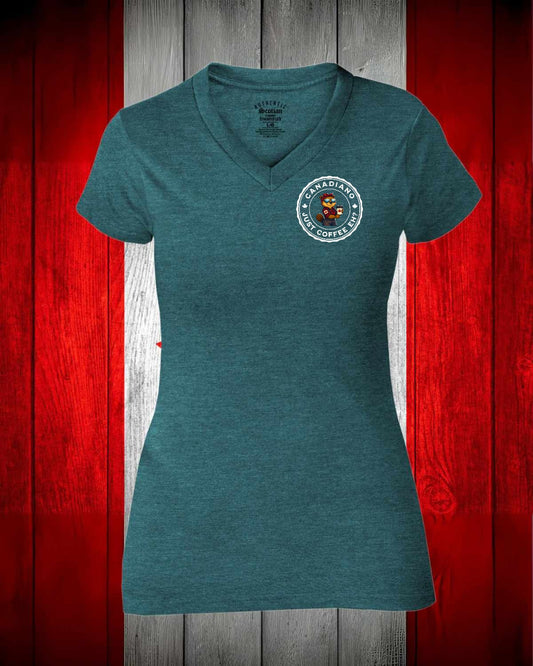 Canadiano Just Coffee Eh! Female Beaver Left Chest And Full Back Women's V-neck Stanfield's Tee