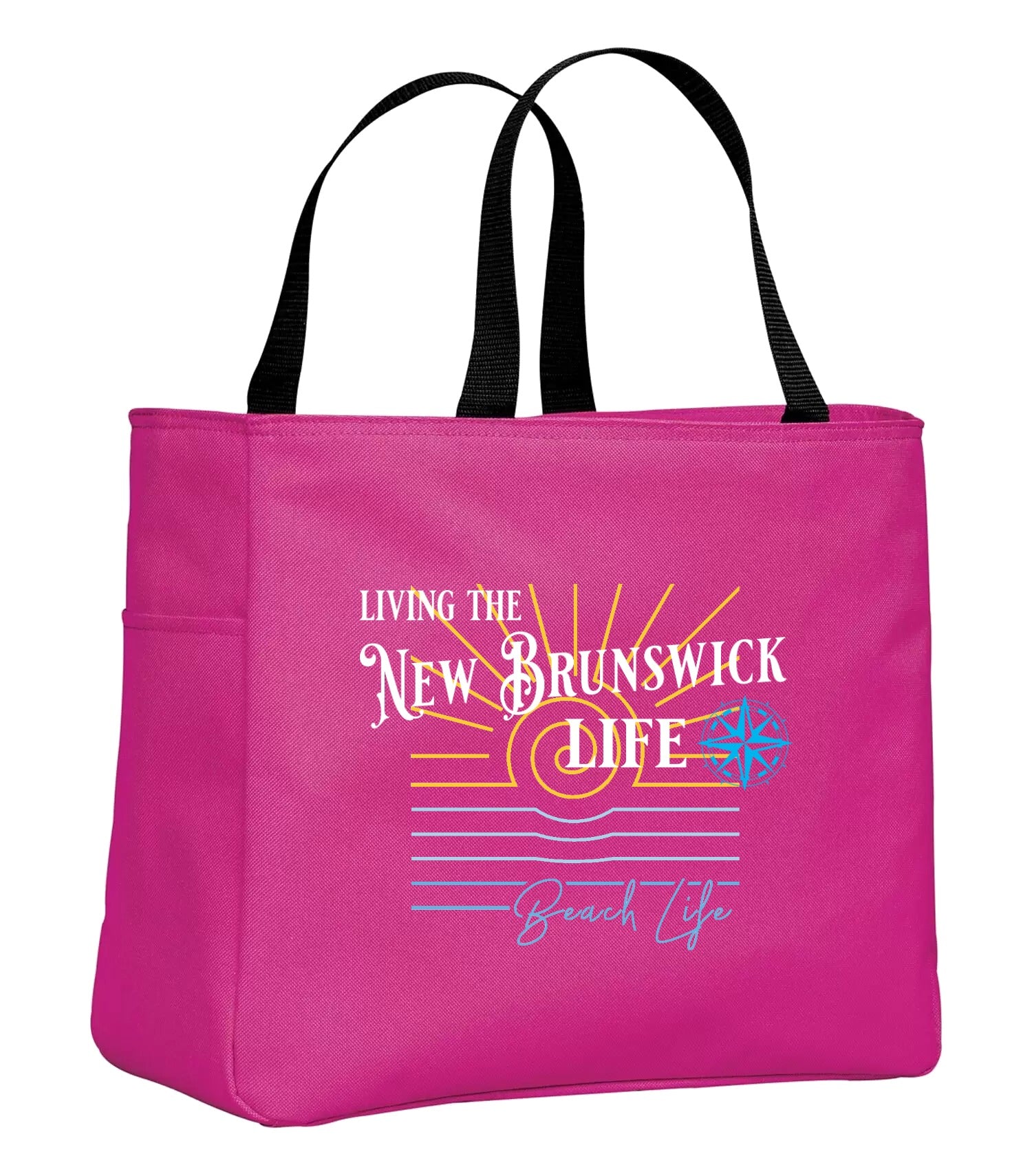 Living the New Brunswick Life Blue Tote Bag in Tropical Pink