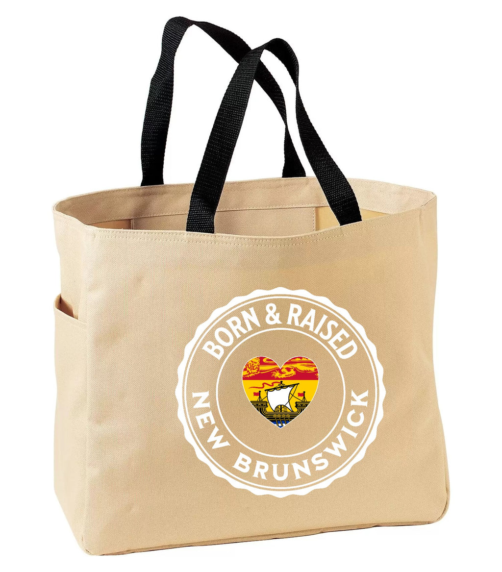 Born and Raised New Brunswick Heart Flag Tote Bag in Stone