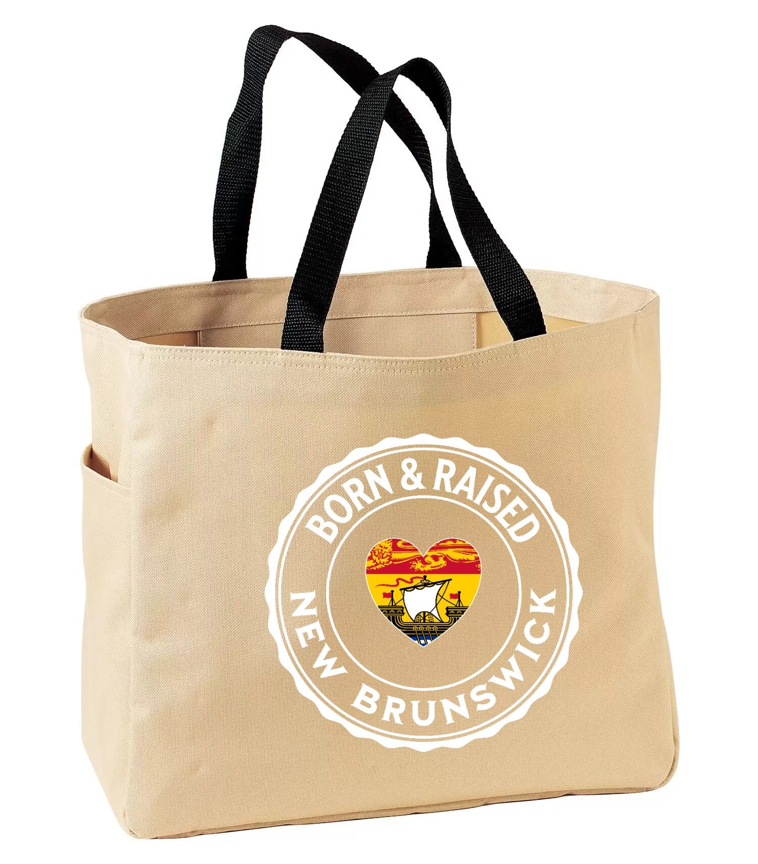 Born and Raised New Brunswick Heart Flag Tote Bag in Stone