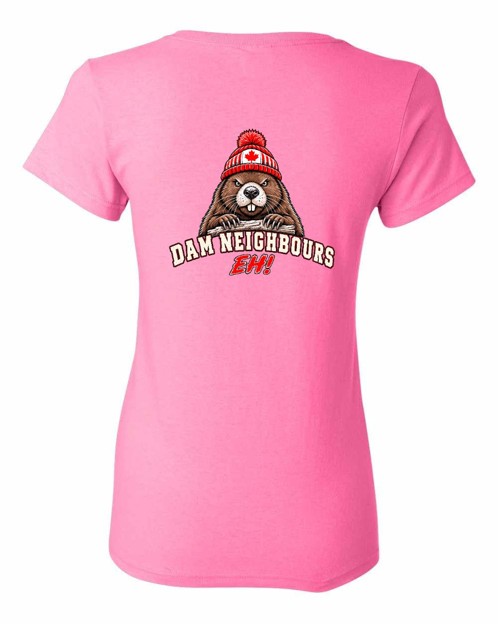Dam Neighbours Left Chest and Back Women's Tee in Azalea Pink - back