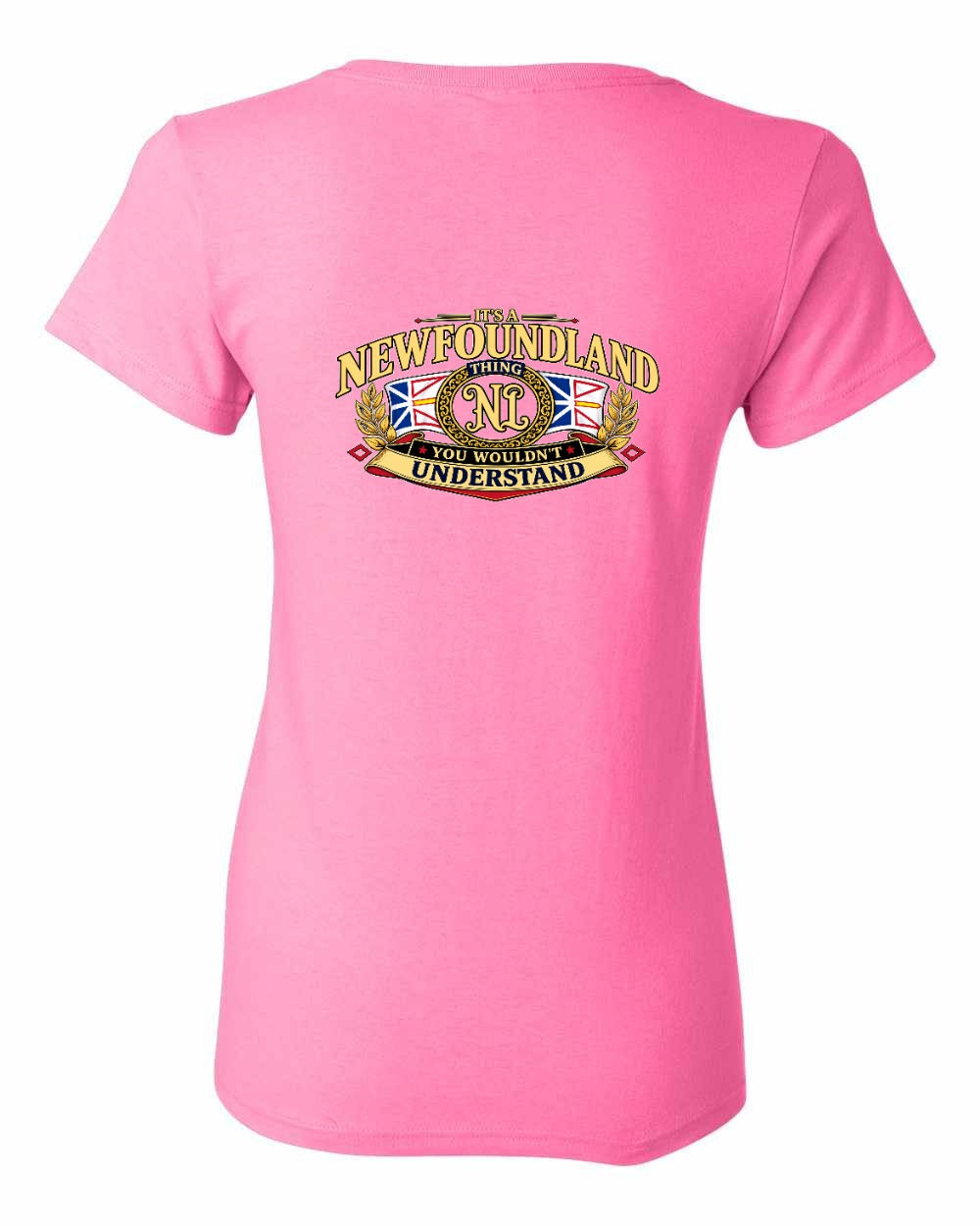 Newfoundland Thing Badge Left Chest and Back Women's Tee in Azalea Pink - back