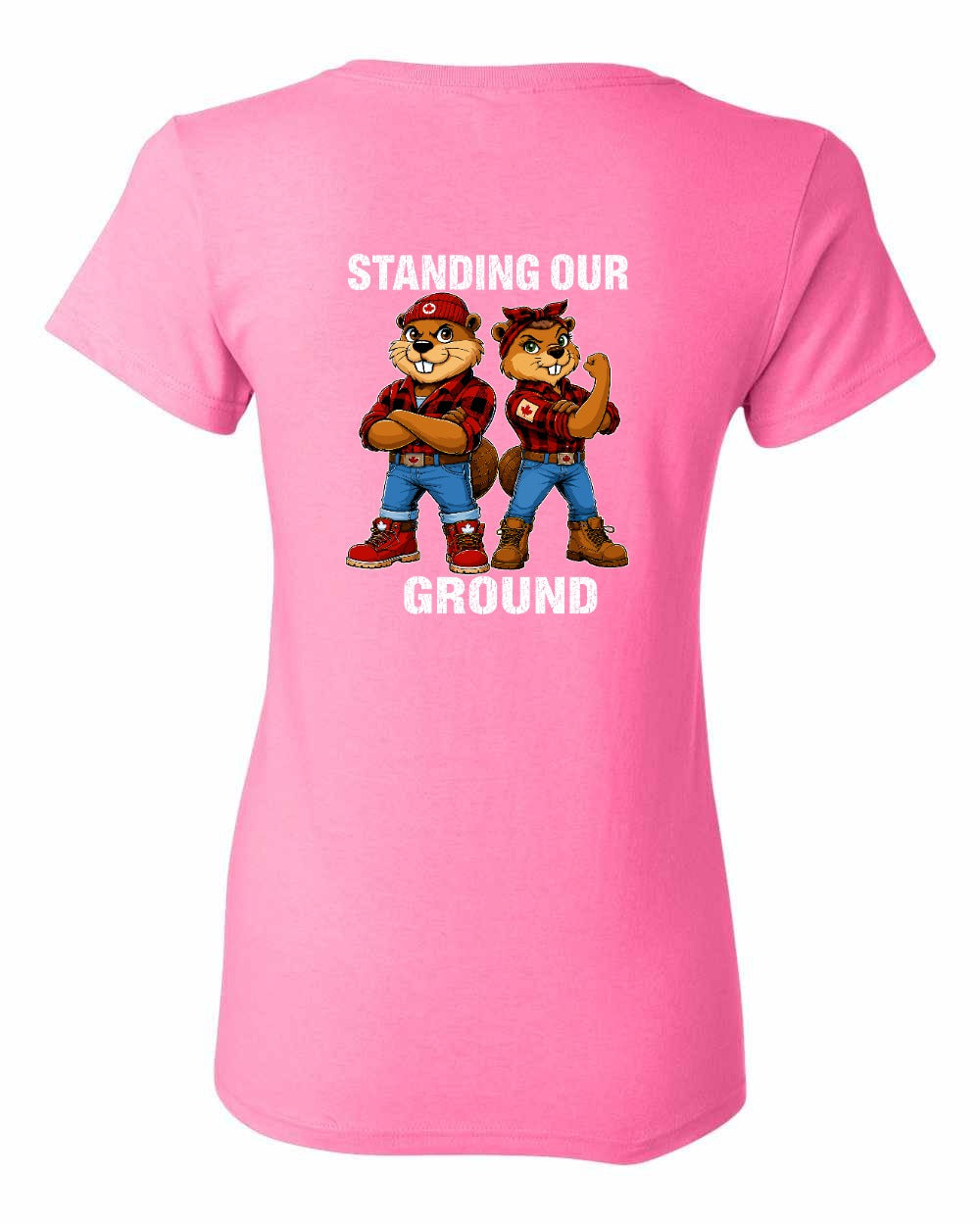 Standing Our Ground Left Chest and Back Women's Tee in Azalea Pink - back