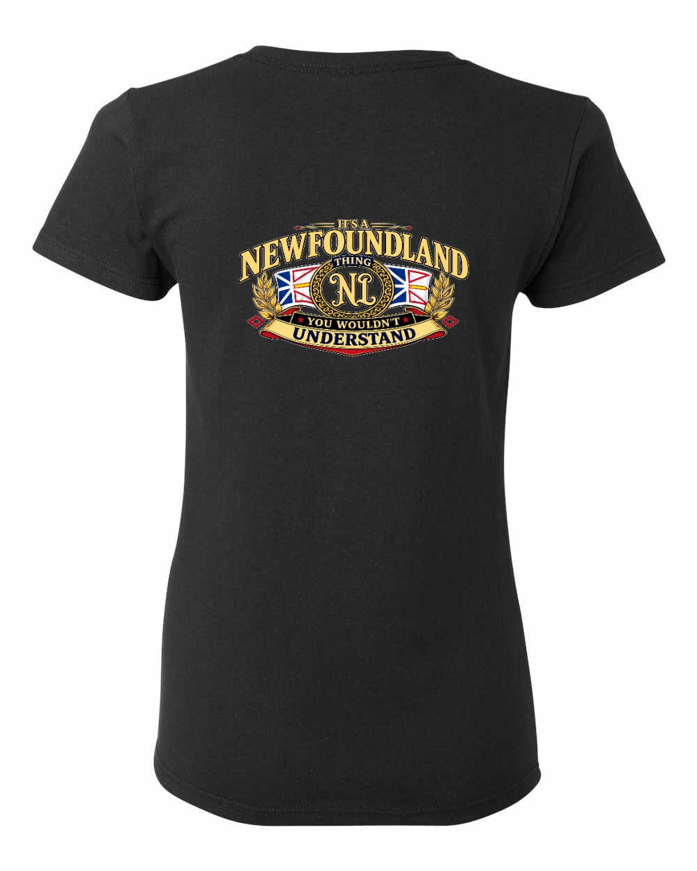 Newfoundland Thing Badge Left Chest and Back Women's Tee in Black - back