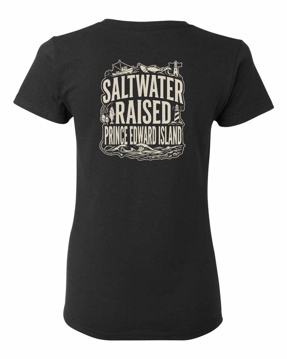 PEI Saltwater Raised Folk Left Chest and Back Women's Tee
