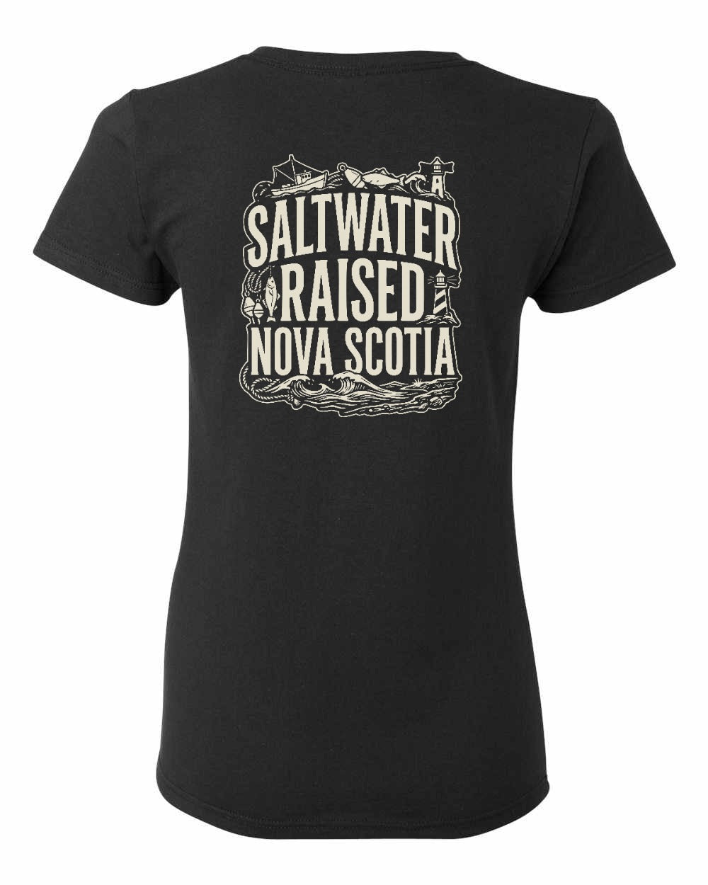 Saltwater Raised NS Folk Left Chest and Back Women's Tee