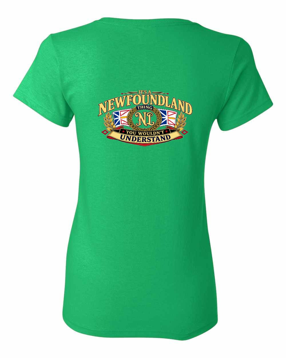 Newfoundland Thing Badge Left Chest and Back Women's Tee in Irish Green - back