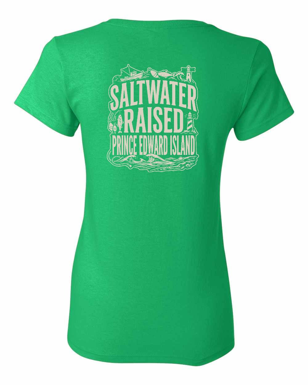 PEI Saltwater Raised Folk Left Chest and Back Women's Tee