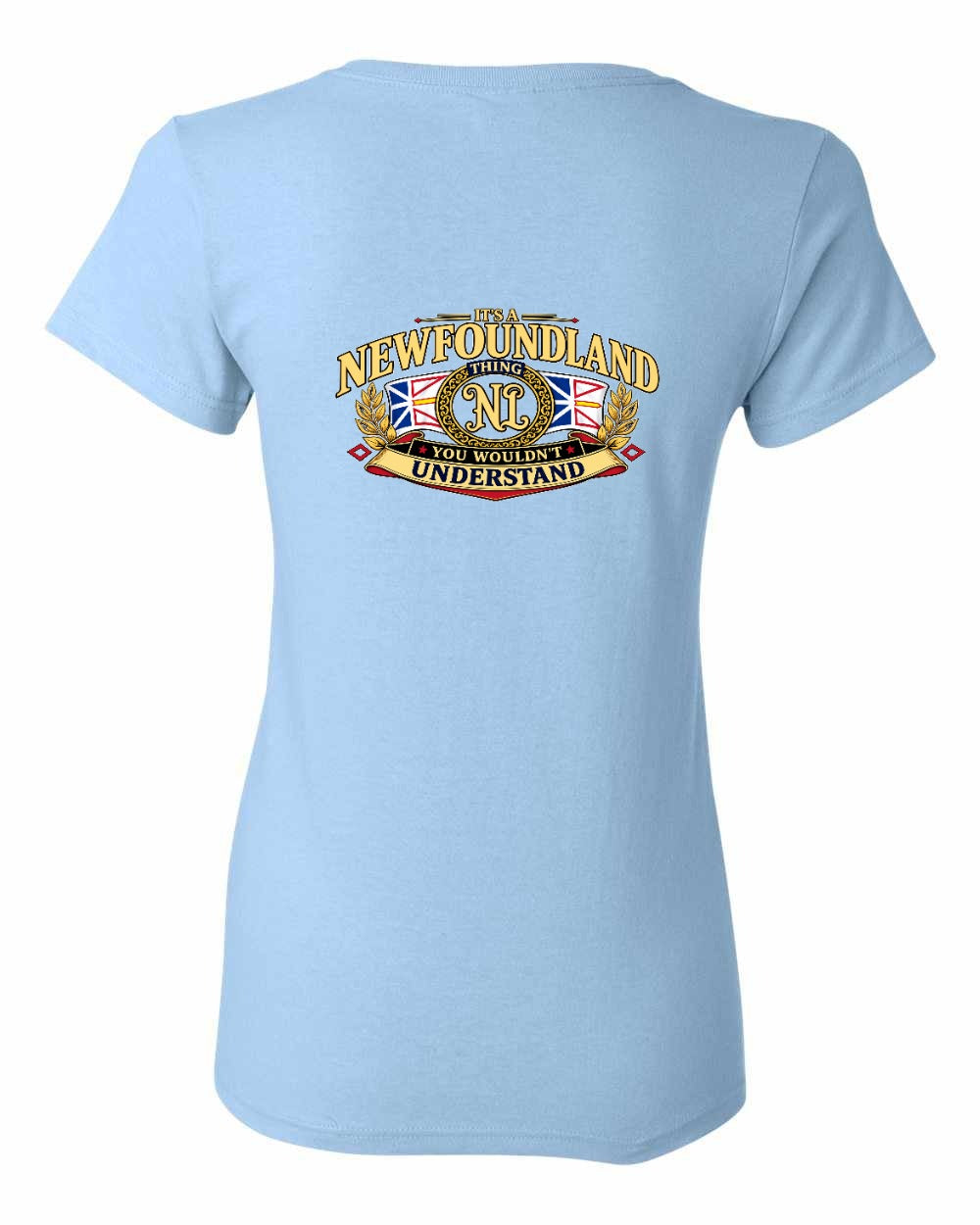 Newfoundland Thing Badge Left Chest and Back Women's Tee in Light Blue - back