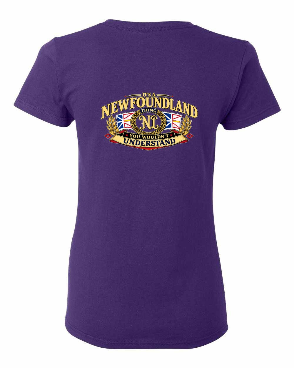 Newfoundland Thing Badge Left Chest and Back Women's Tee in Purple - back