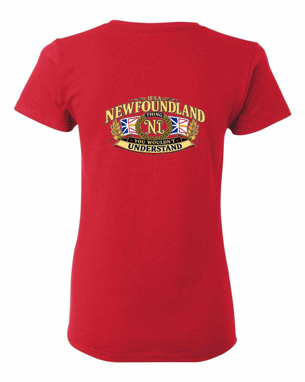 Newfoundland Thing Badge Left Chest and Back Women's Tee in Red - back