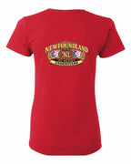 Newfoundland Thing Badge Left Chest and Back Women's Tee in Red - back