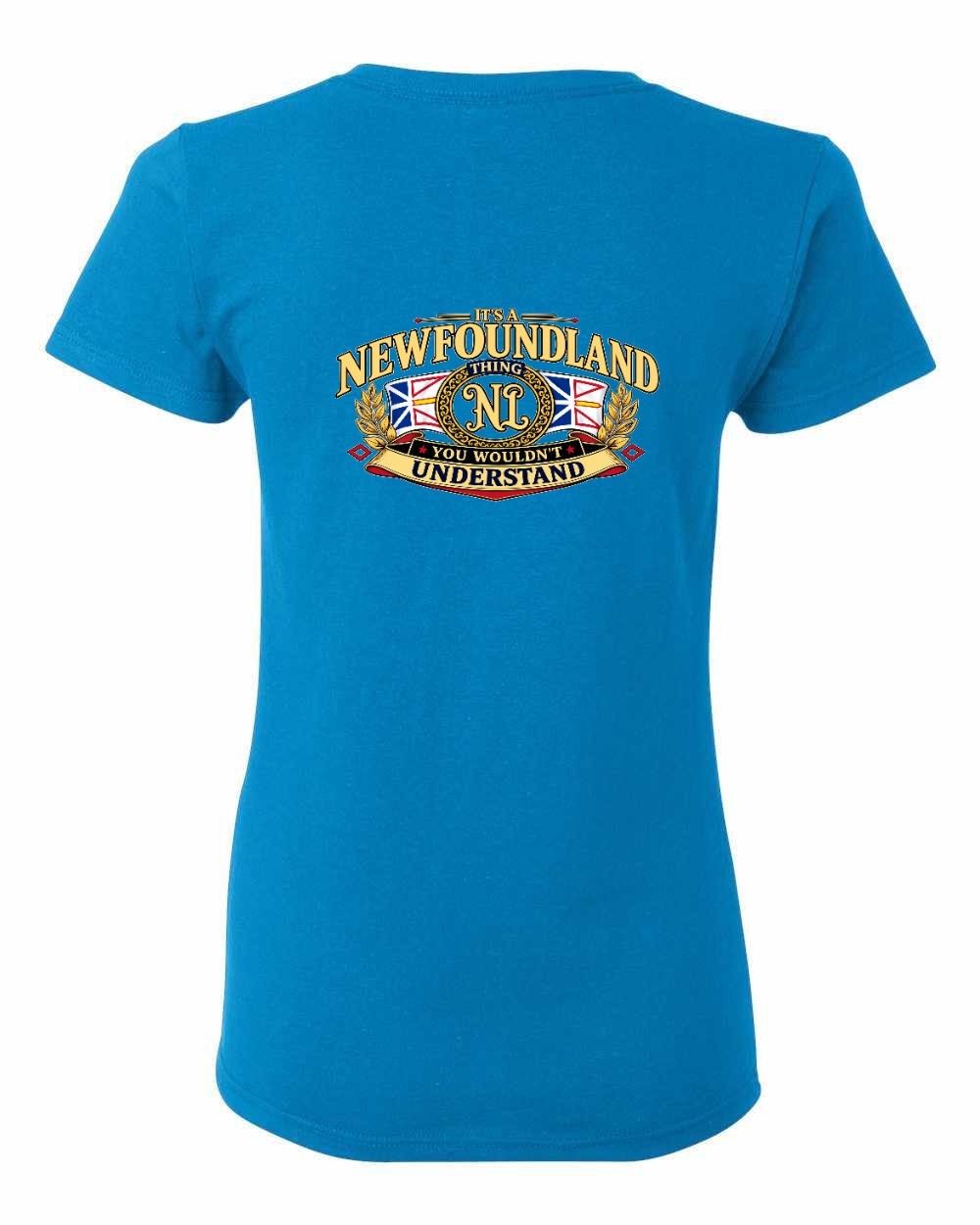 Newfoundland Thing Badge Left Chest and Back Women's Tee in Sapphire - back