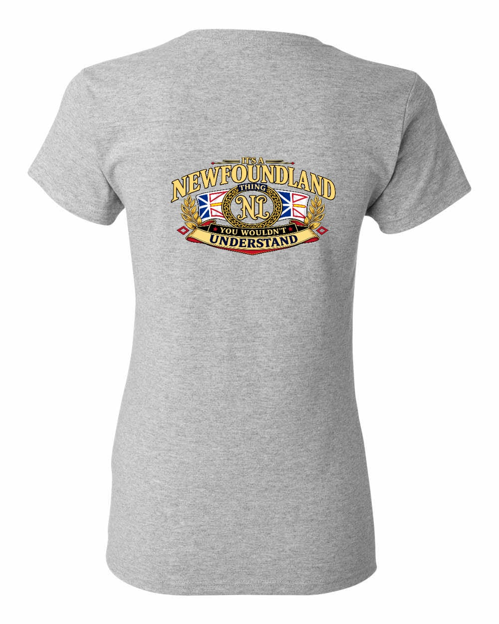 Newfoundland Thing Badge Left Chest and Back Women's Tee in Sport Grey - back