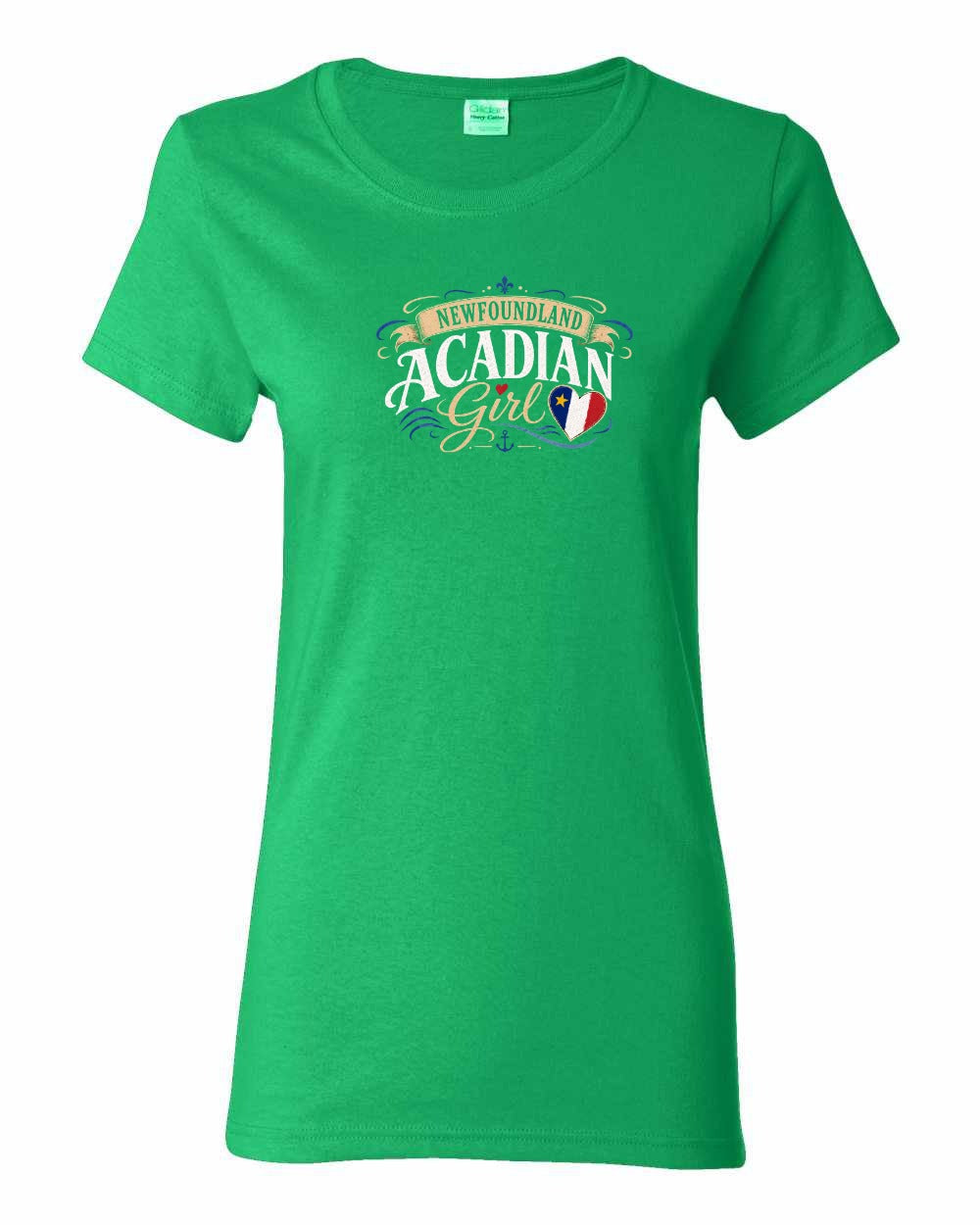 Newfoundland Acadian Girl Women's Tee in Irish Green