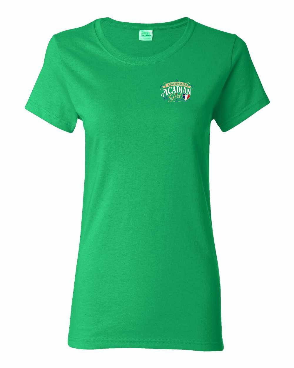 Newfoundland Acadian Girl Left Chest Women's Tee in Irish Green