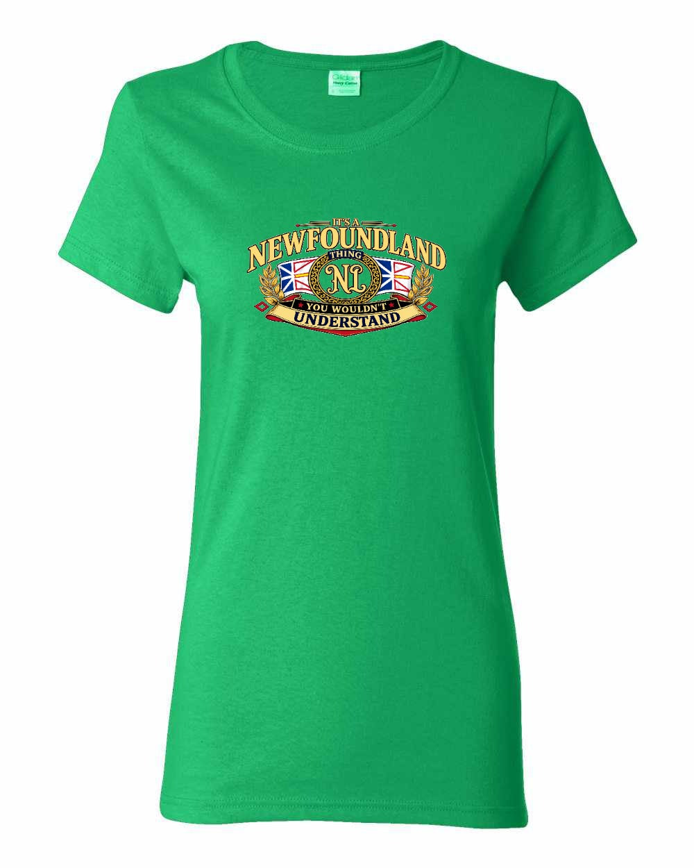 Newfoundland Thing Badge Full Front Women's Tee in Irish Green