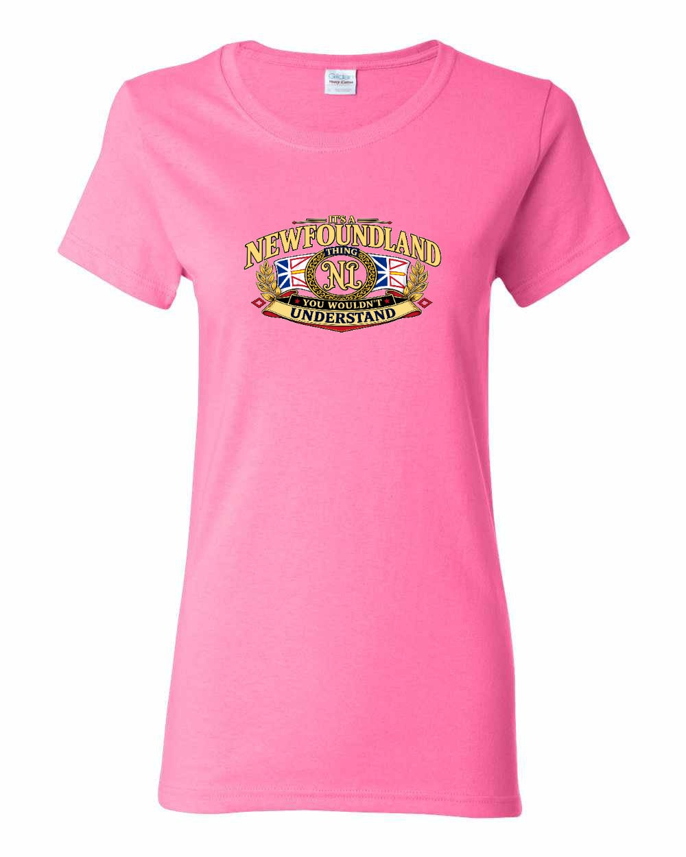 Newfoundland Thing Badge Full Front Women's Tee in Azalea Pink