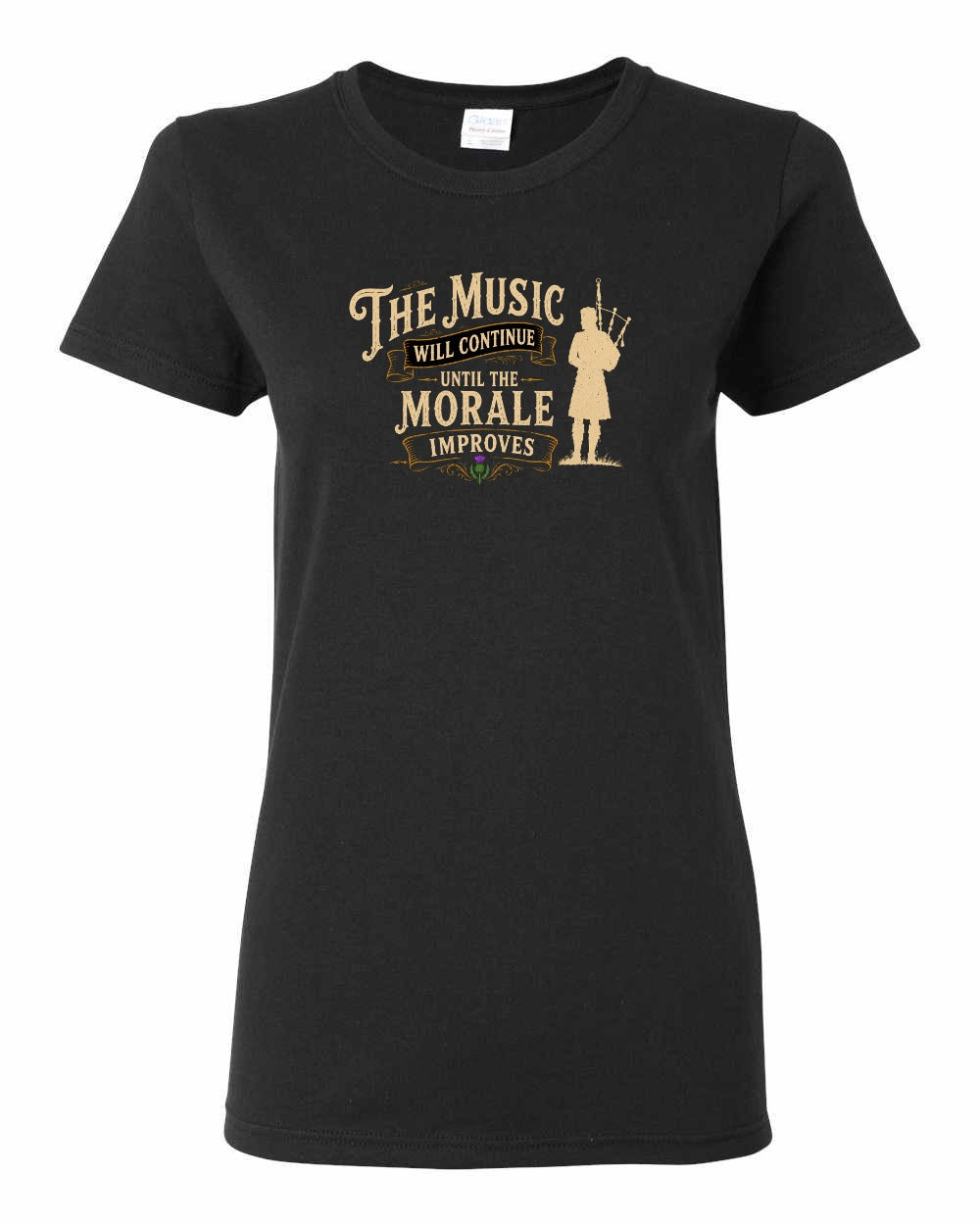 Muisic Will Continue Bagpipes Women's Tee in Black