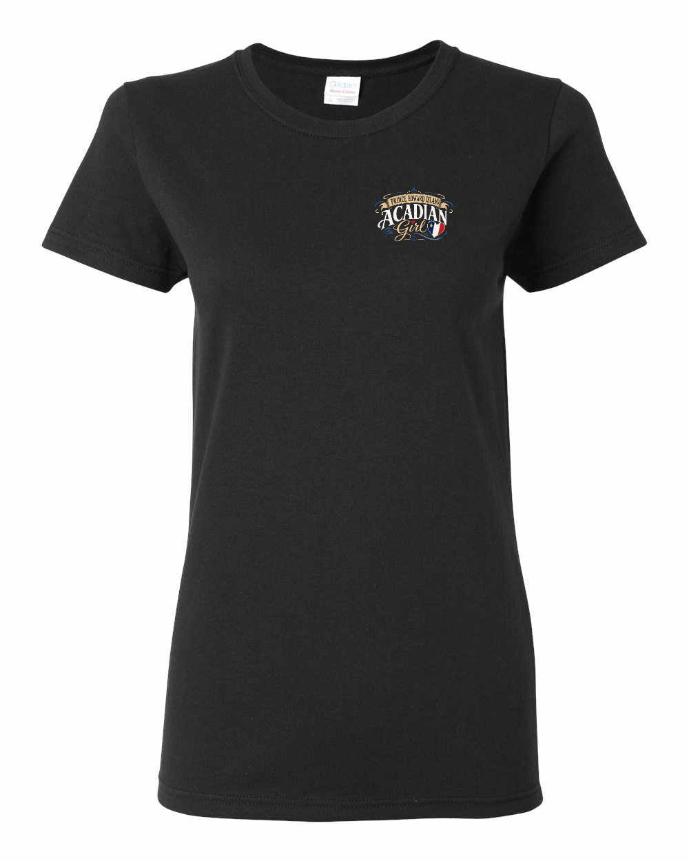 Pei Acadian Girl Left Chest Women's Tee in Black