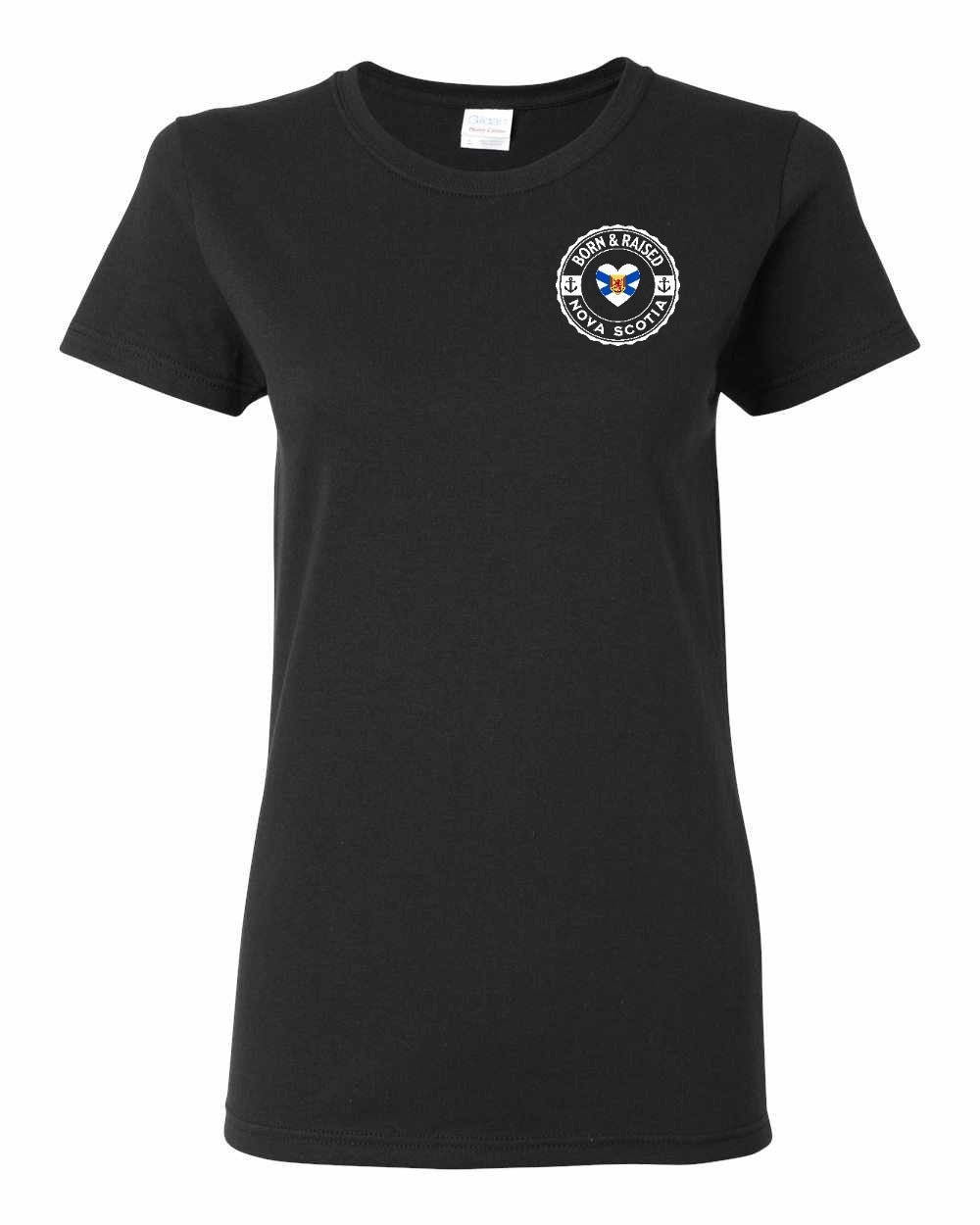 Born and Raised Heart Flag NS Left Chest and Back Women's Tee