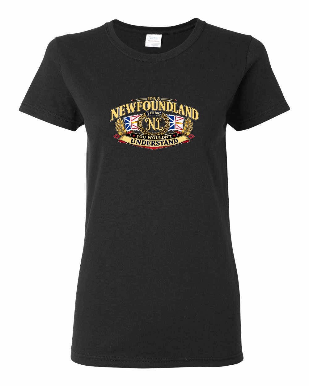 Newfoundland Thing Badge Full Front Women's Tee in Black