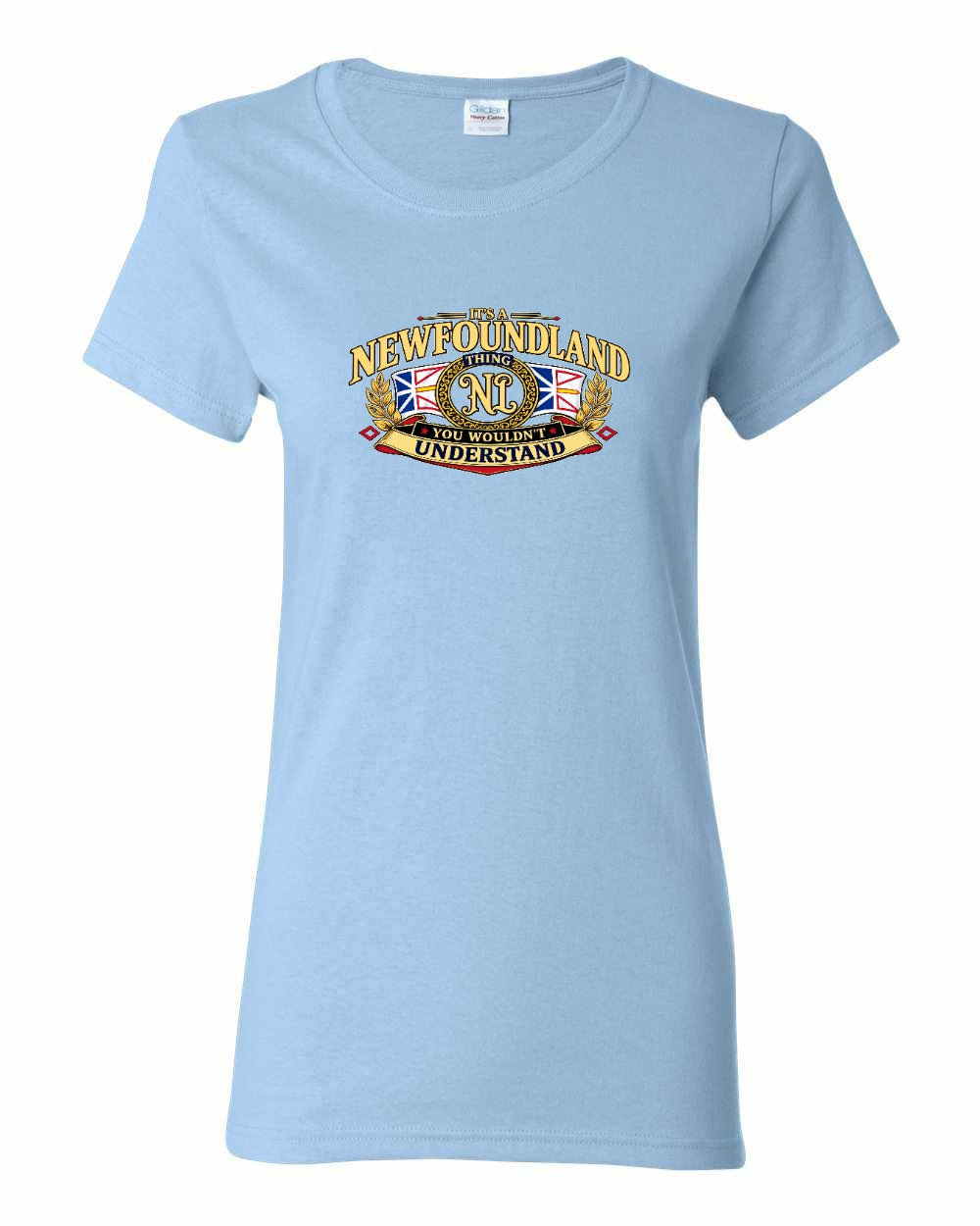 Newfoundland Thing Badge Full Front Women's Tee in Light Blue