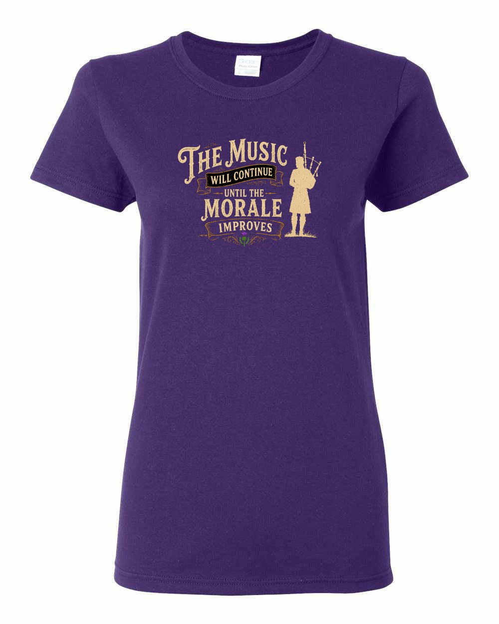 Muisic Will Continue Bagpipes Women's Tee in Purple