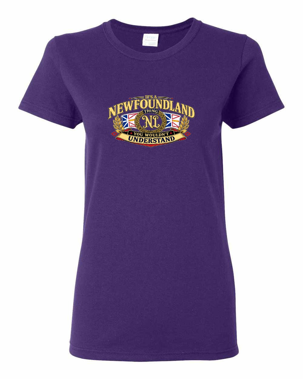 Newfoundland Thing Badge Full Front Women's Tee in Purple