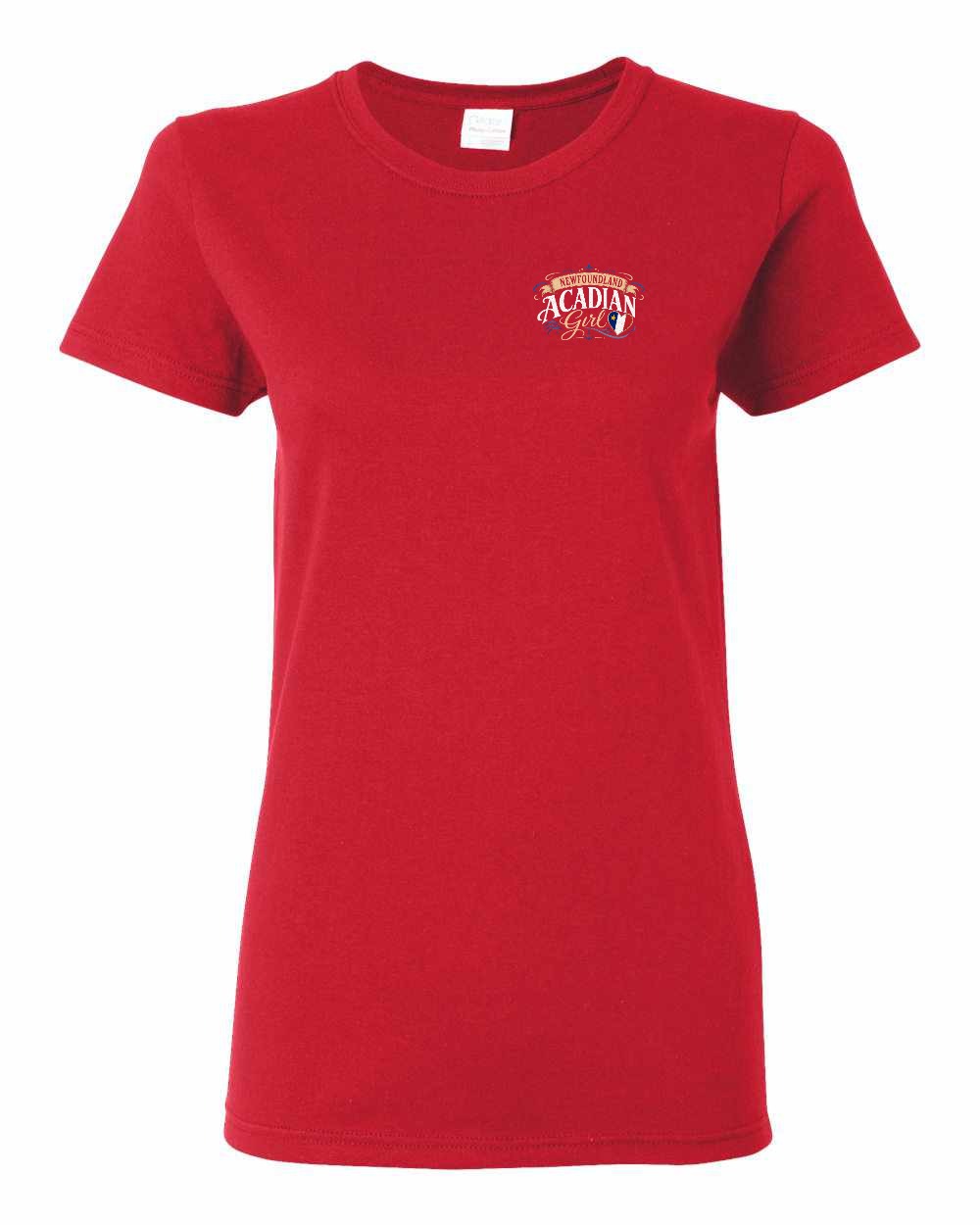 Newfoundland Acadian Girl Left Chest Women's Tee in Red