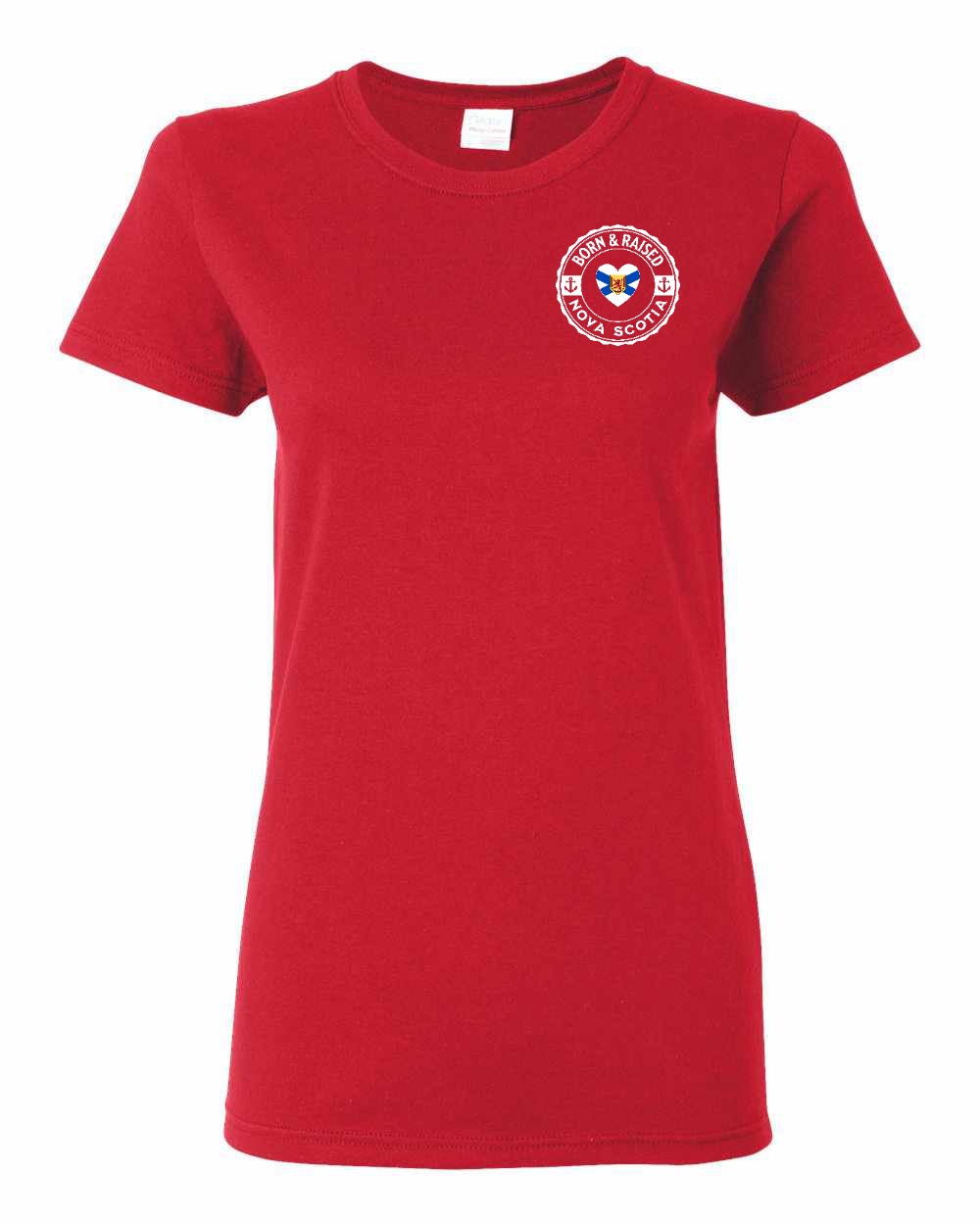 Born and Raised Heart Flag NS Left Chest and Back Women's Tee