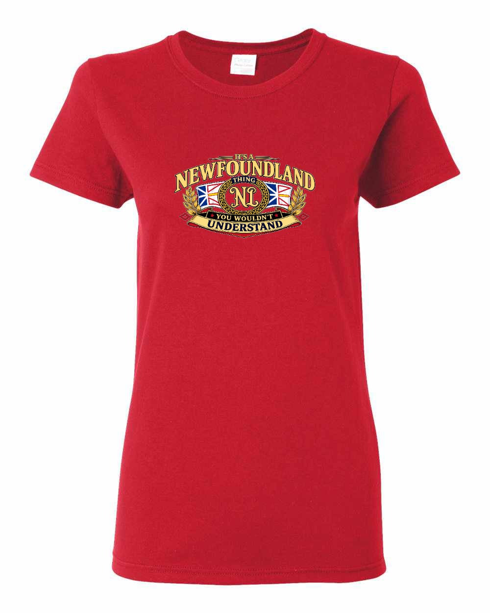 Newfoundland Thing Badge Full Front Women's Tee in Red