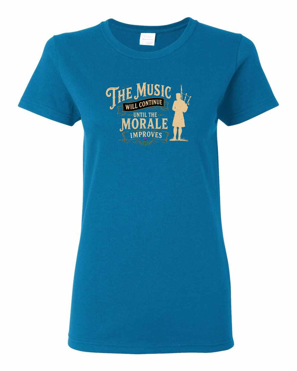 Muisic Will Continue Bagpipes Women's Tee in Sapphire