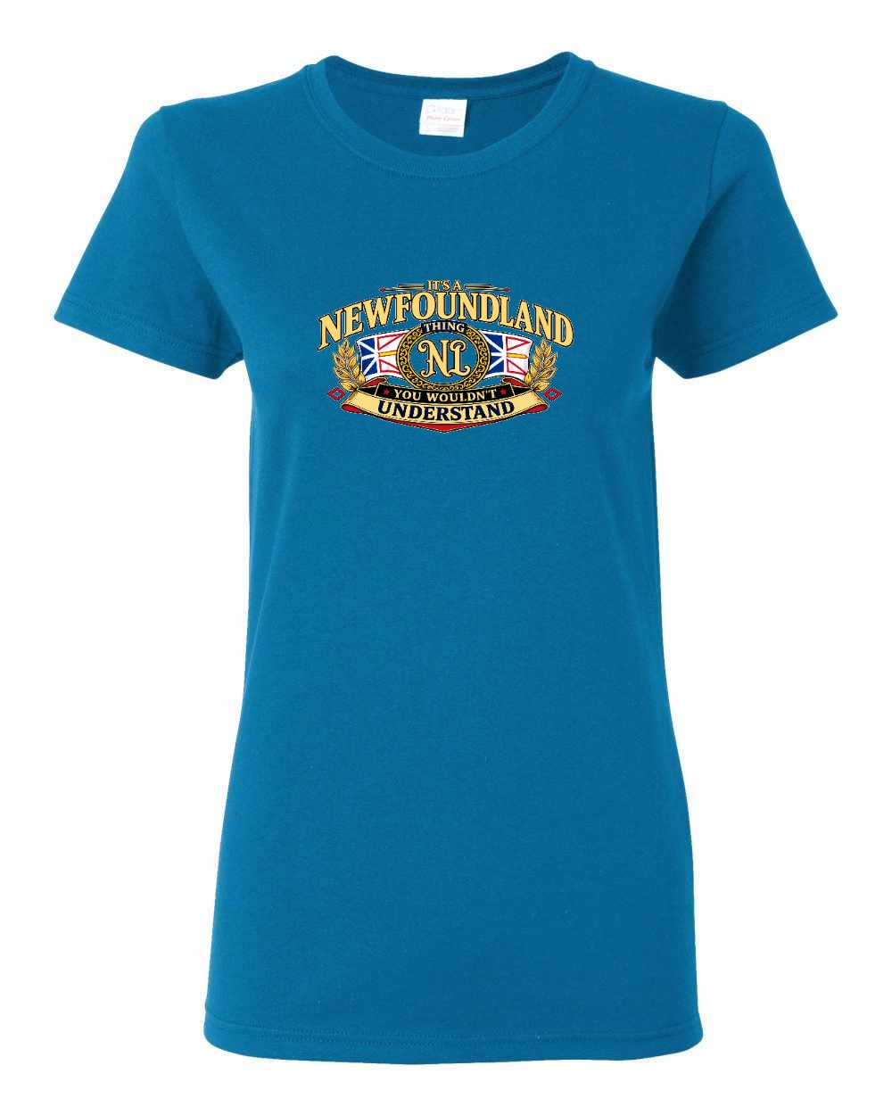 Newfoundland Thing Badge Full Front Women's Tee in Sapphire