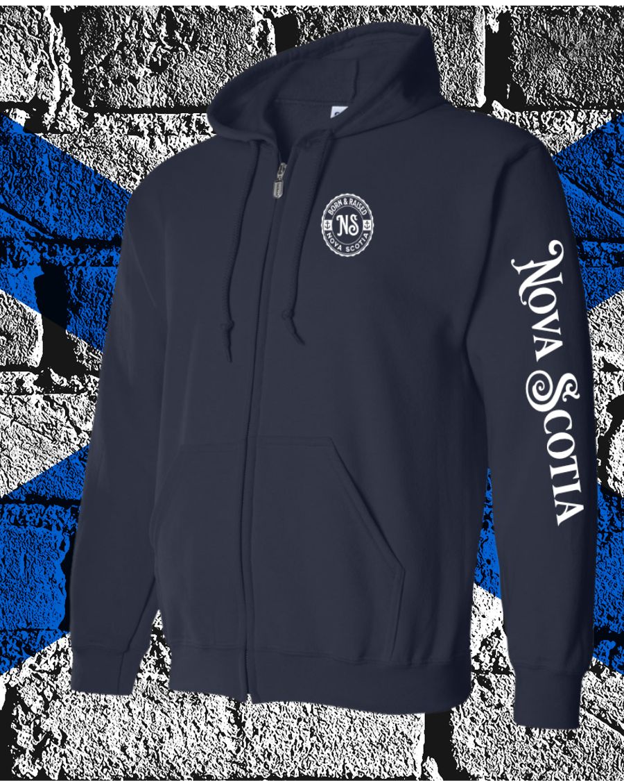 Born & Raised in Nova Scotia left chest and sleeve ZIP Hoodie