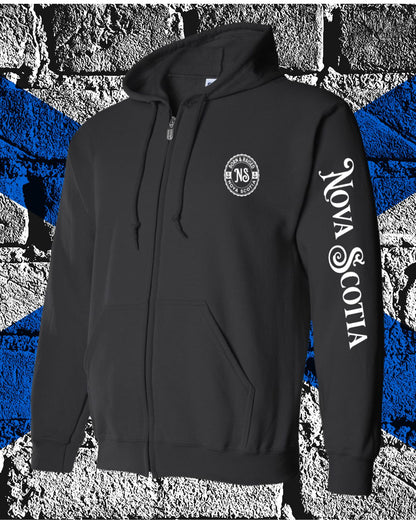 Born & Raised in Nova Scotia left chest and sleeve ZIP Hoodie