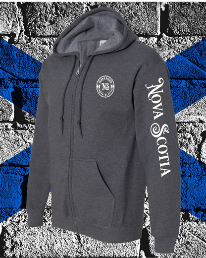 Born & Raised in Nova Scotia left chest and sleeve ZIP Hoodie