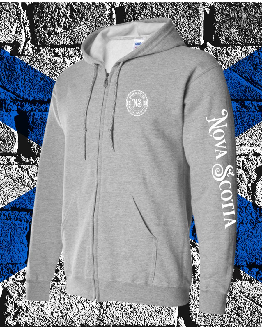 Born & Raised in Nova Scotia left chest and sleeve ZIP Hoodie