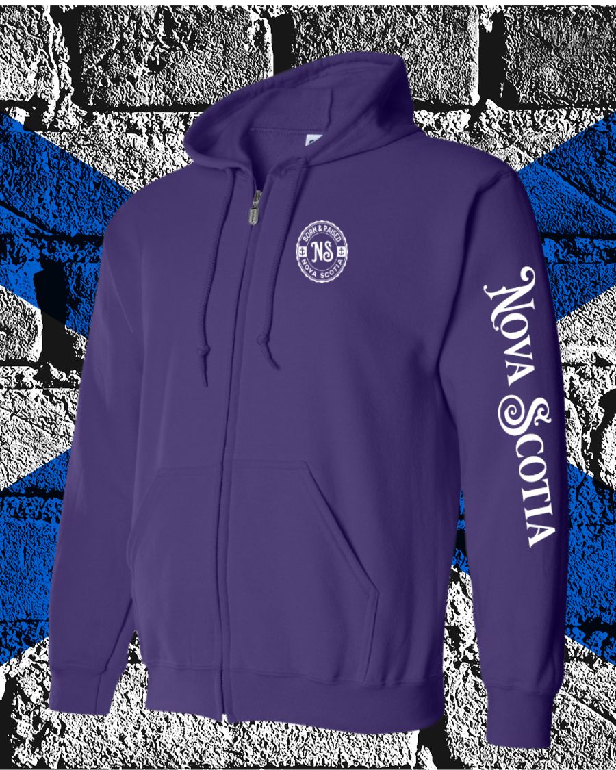 Born & Raised in Nova Scotia left chest and sleeve ZIP Hoodie