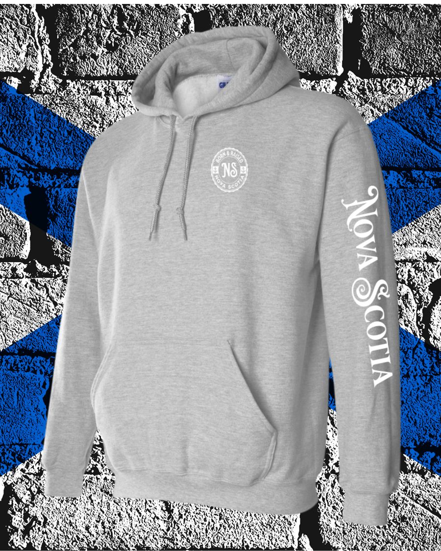 Born & Raised in Nova Scotia left chest and sleeve Hoodie