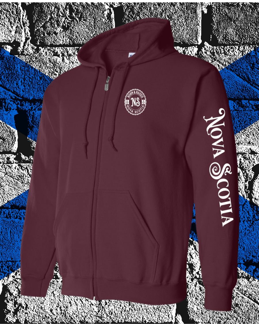 Born & Raised in Nova Scotia left chest and sleeve ZIP Hoodie