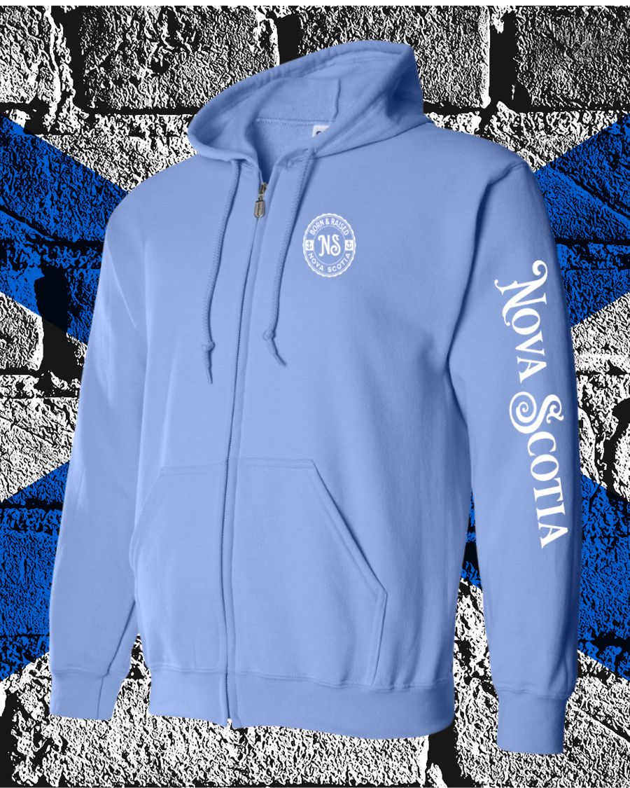 Born & Raised in Nova Scotia left chest and sleeve ZIP Hoodie