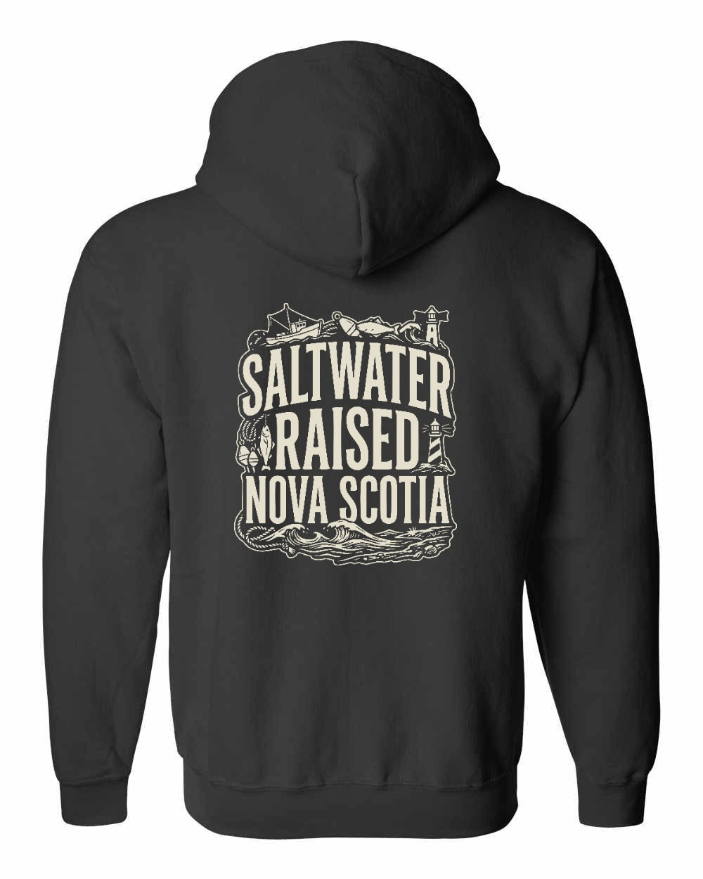 Saltwater Raised NS Folk Left Chest and Back Zip Hoodie - Unisex