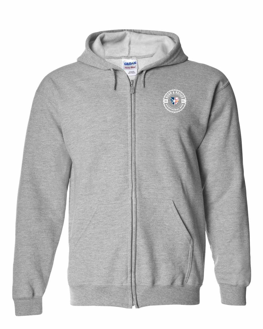 Born and Raised NFLD Heart Flag Left Chest Zip Hoodie - Unisex
