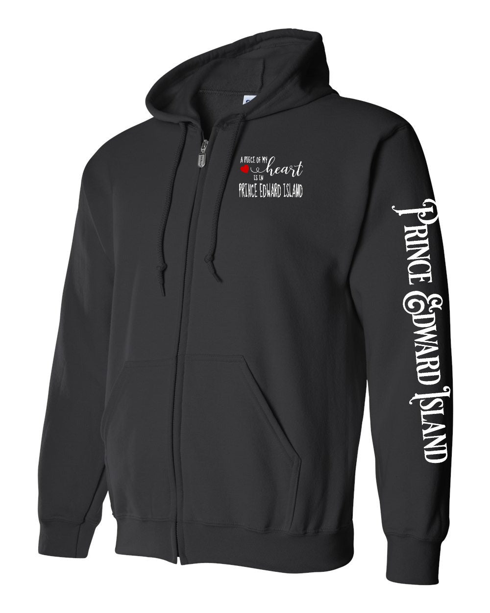 A piece of my Heart PEI red heart Left Chest and Sleeve Zip Hoodie - Unisex