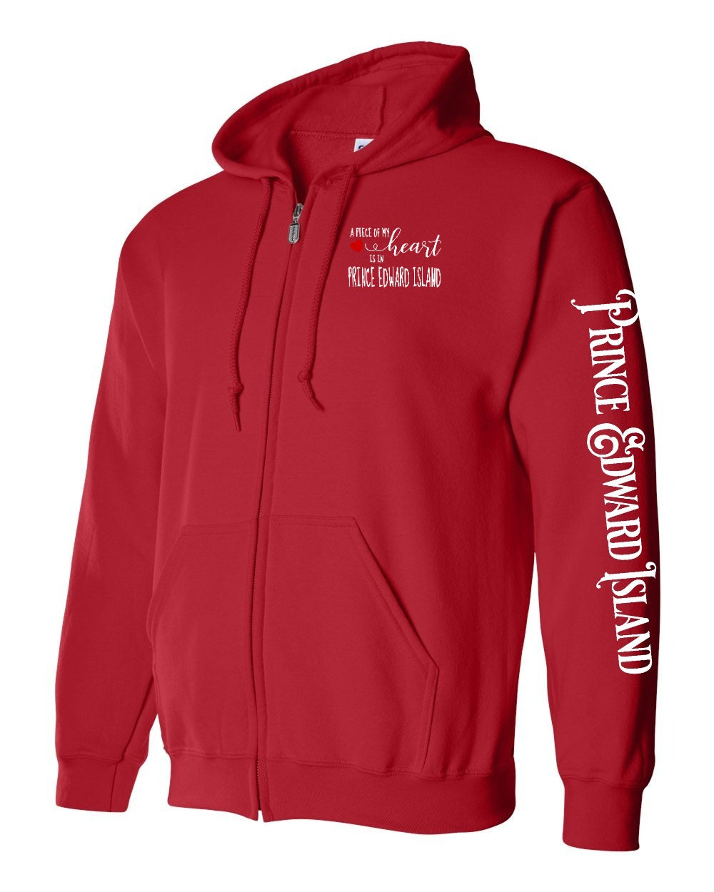 A piece of my Heart PEI red heart Left Chest and Sleeve Zip Hoodie - Unisex
